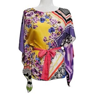 Cabi Kimono Top Size Small Red Silk Floral Blouse Tie Waist Artsy Bohemian‎ Luxe